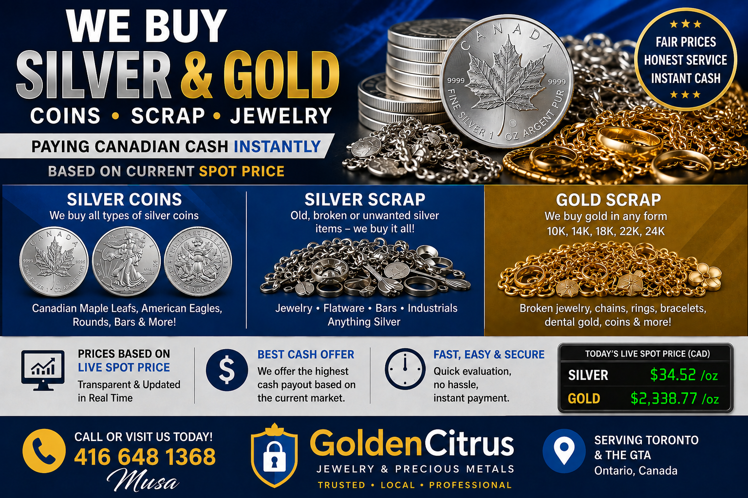 We buy silver and gold coins, scrap and jewelry — paying Canadian cash instantly based on current spot price